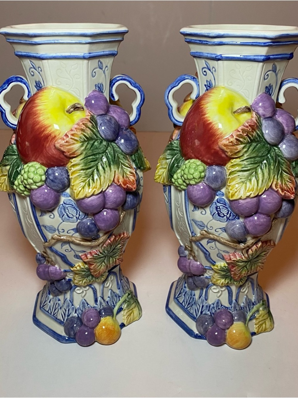 Vintage Fitz & Floyd Classics Ambrosia ceramic vases fruit motif